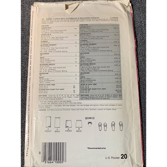 Butterick 206 Misses' & Men's Bath Accessories & Monogram Transfer - uncut - Picture 2 of 2